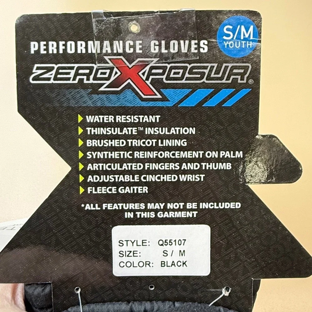 ZeroXposur Kids Black Performance Gloves 3M Thinsulate Youth S/M Q55107 NWT